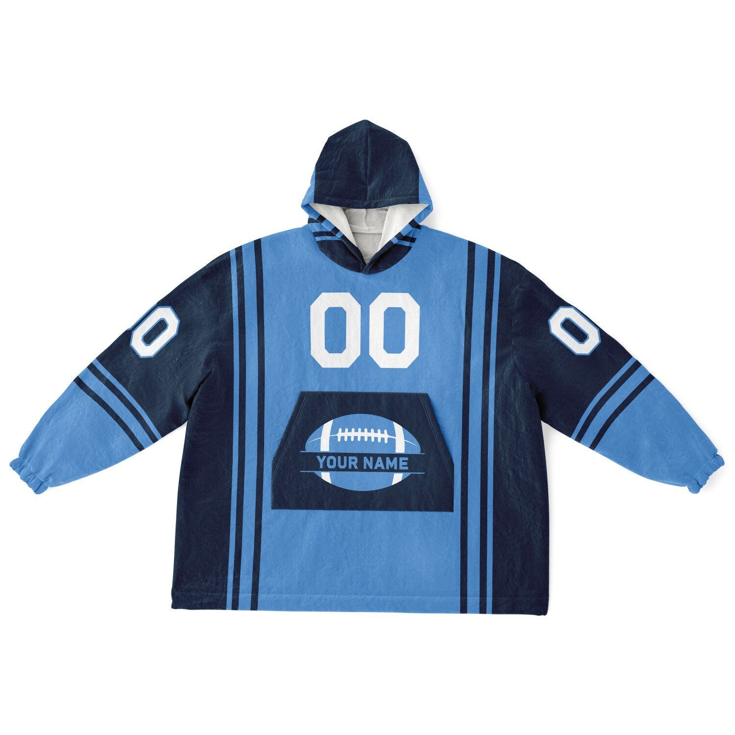 Light blue and navy bold snug hoodie with modern color-block design and soft loungewear fit.