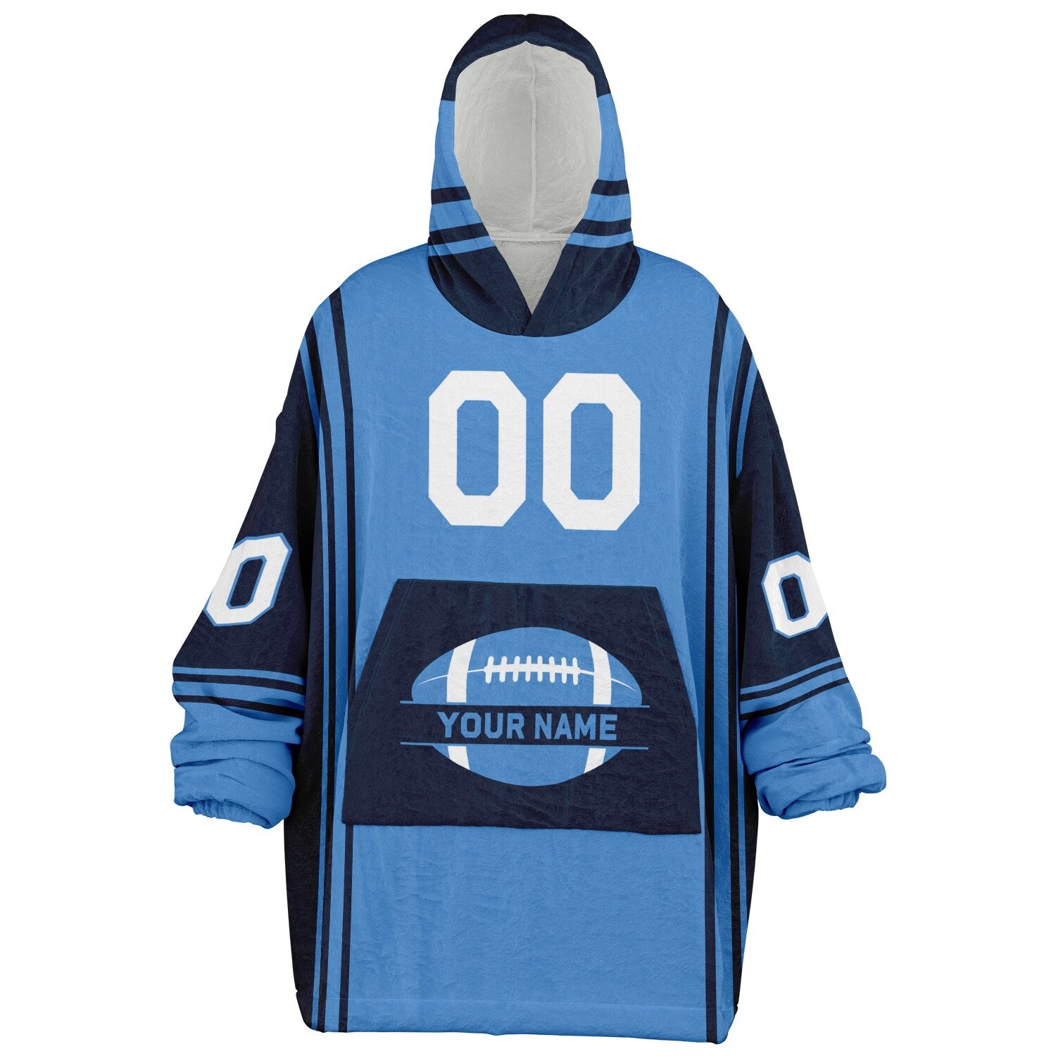 Light blue and navy bold snug hoodie with modern color-block design and soft loungewear fit.