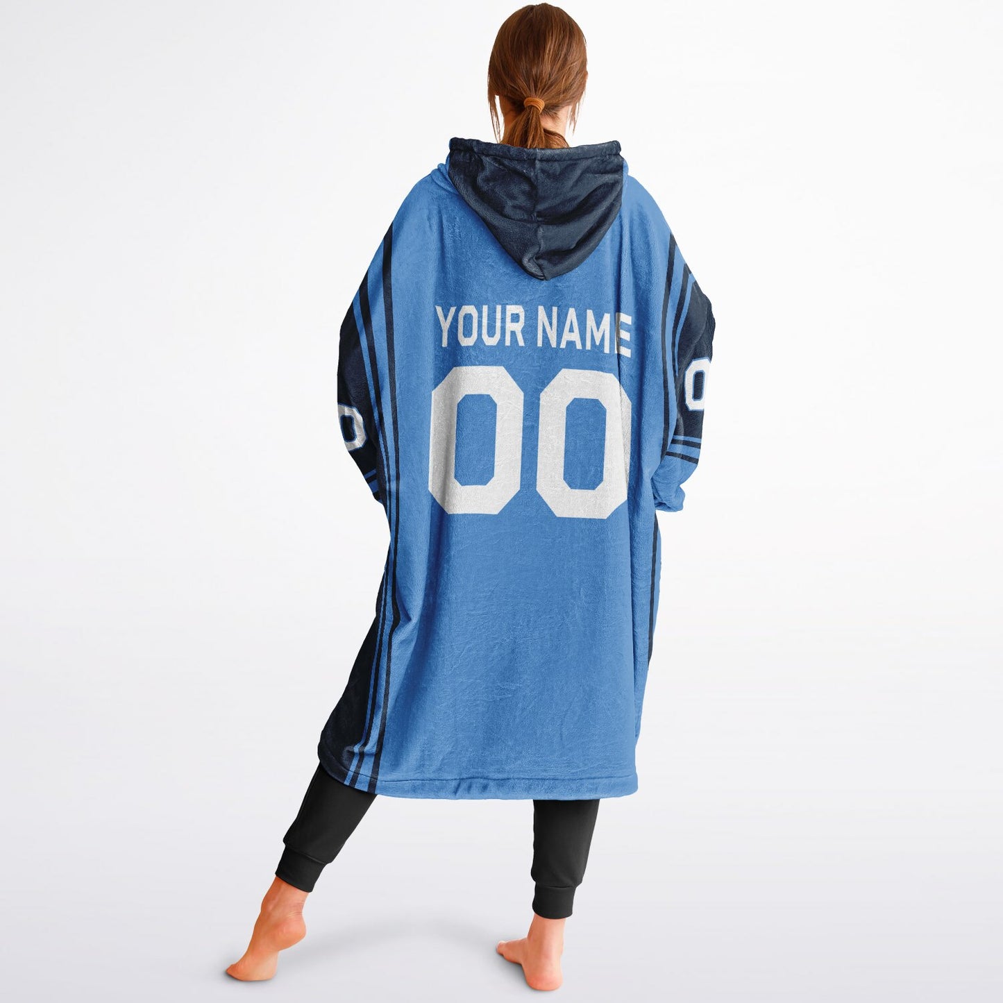 Light blue and navy bold snug hoodie with modern color-block design and soft loungewear fit.
