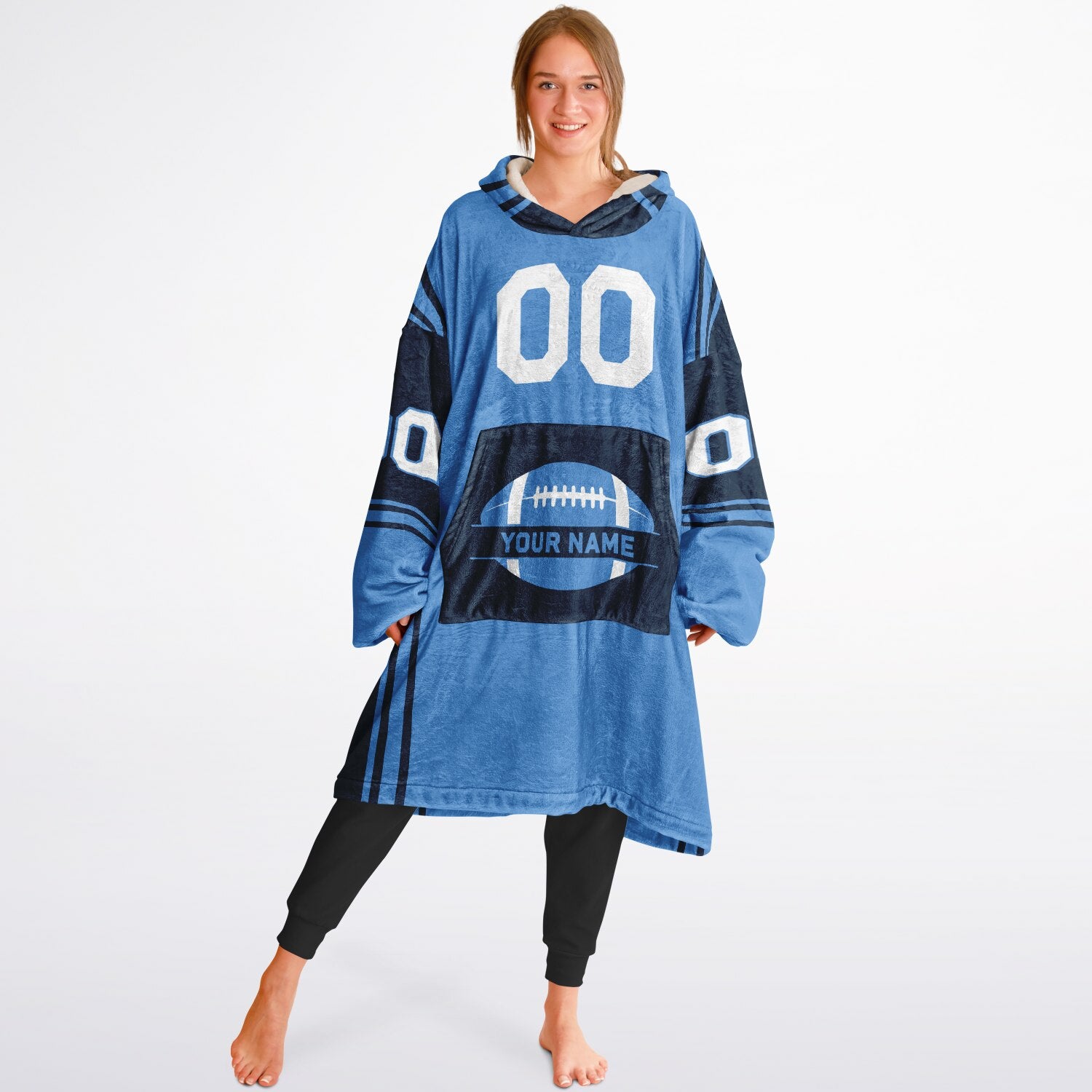 Light blue and navy bold snug hoodie with modern color-block design and soft loungewear fit.