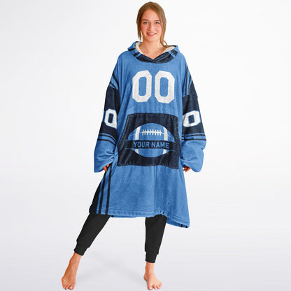 Light blue and navy bold snug hoodie with modern color-block design and soft loungewear fit.