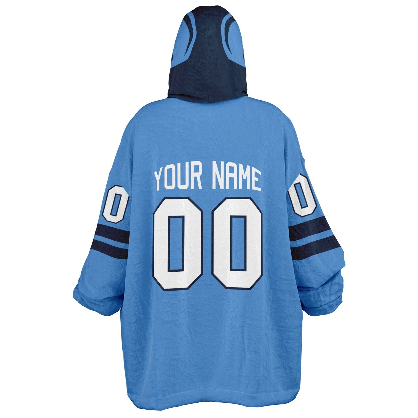 Light blue and navy classic snug hoodie featuring jersey-style stripes and personalized name and number.