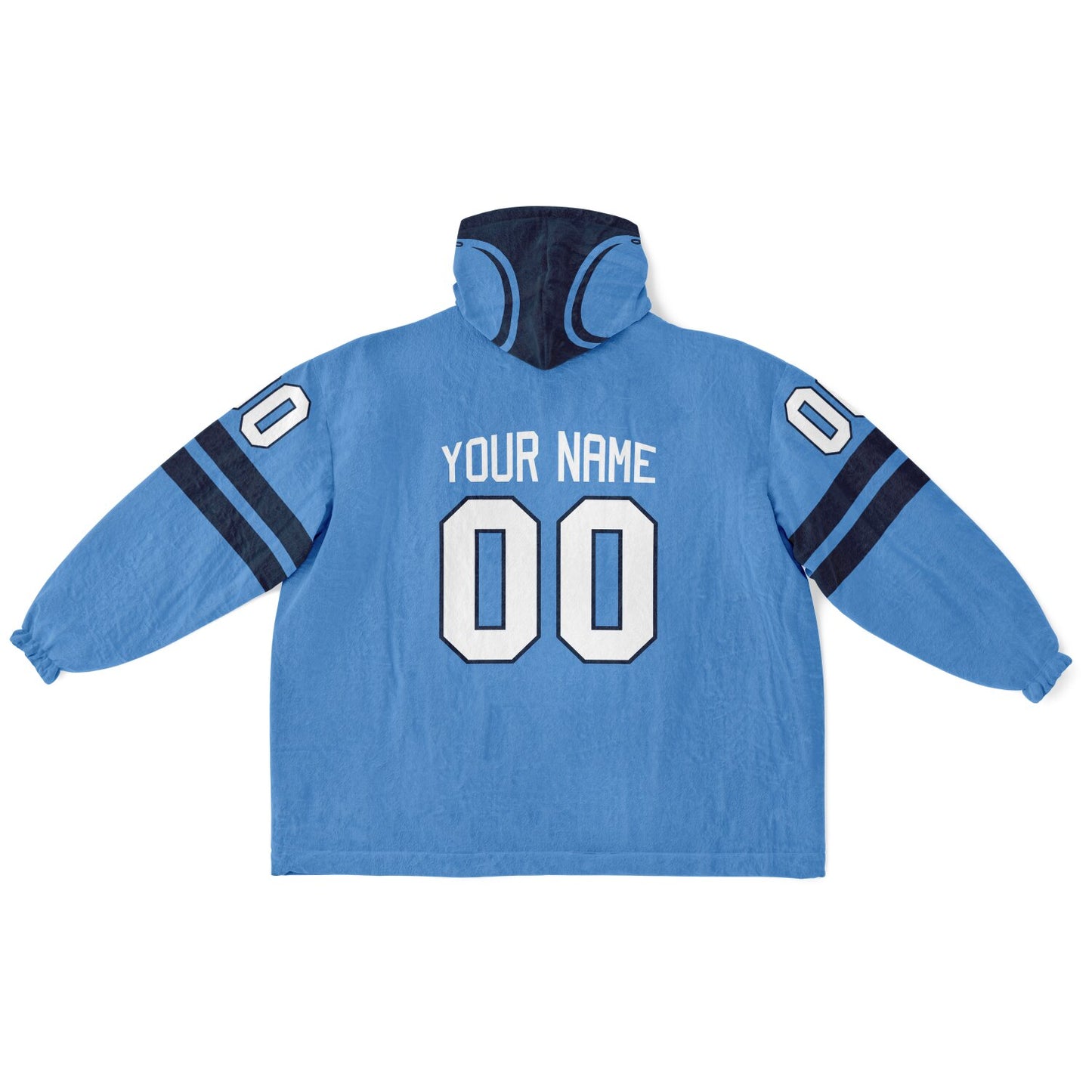 Light blue and navy classic snug hoodie featuring jersey-style stripes and personalized name and number.