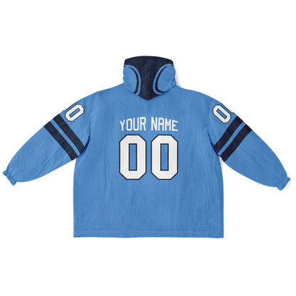 Light blue and navy classic snug hoodie featuring jersey-style stripes and personalized name and number.