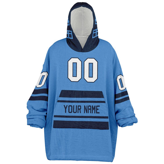 Light blue and navy classic snug hoodie featuring jersey-style stripes and personalized name and number.