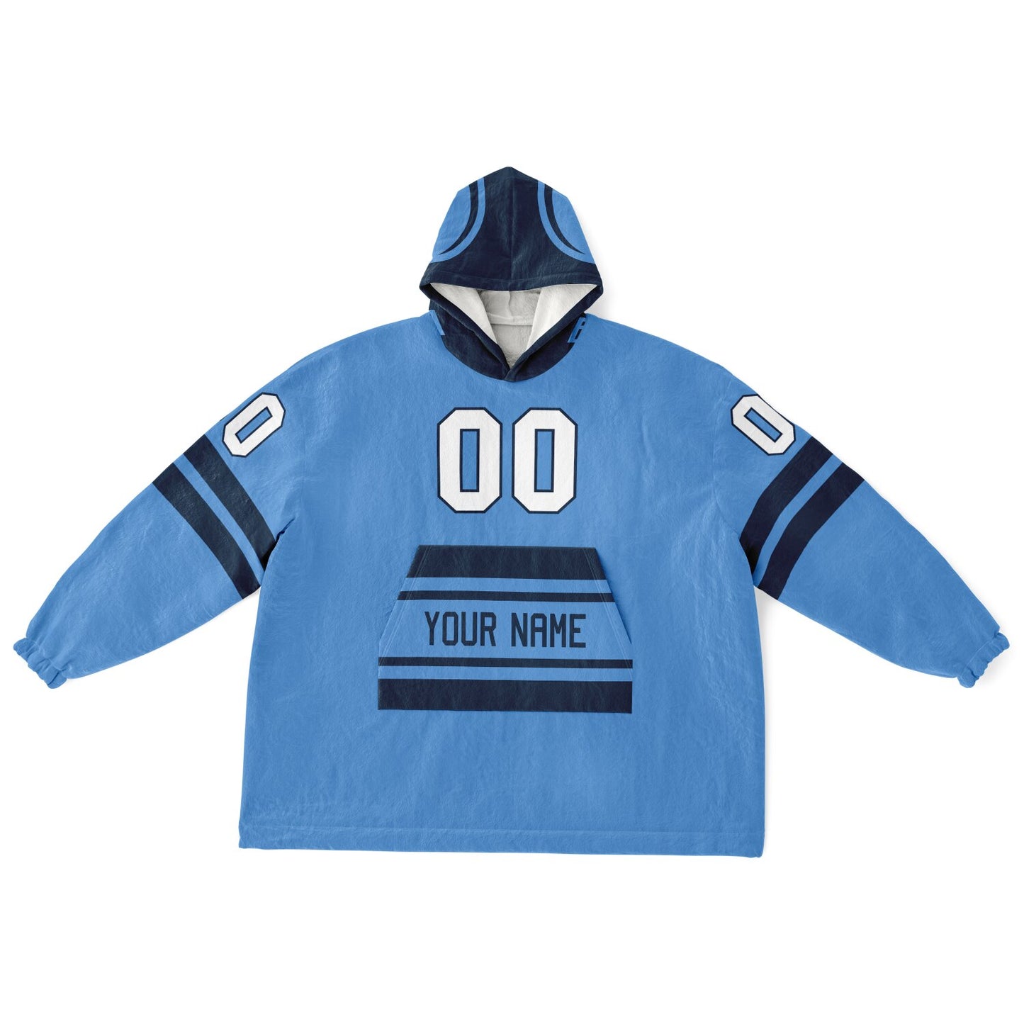 Light blue and navy classic snug hoodie featuring jersey-style stripes and personalized name and number.