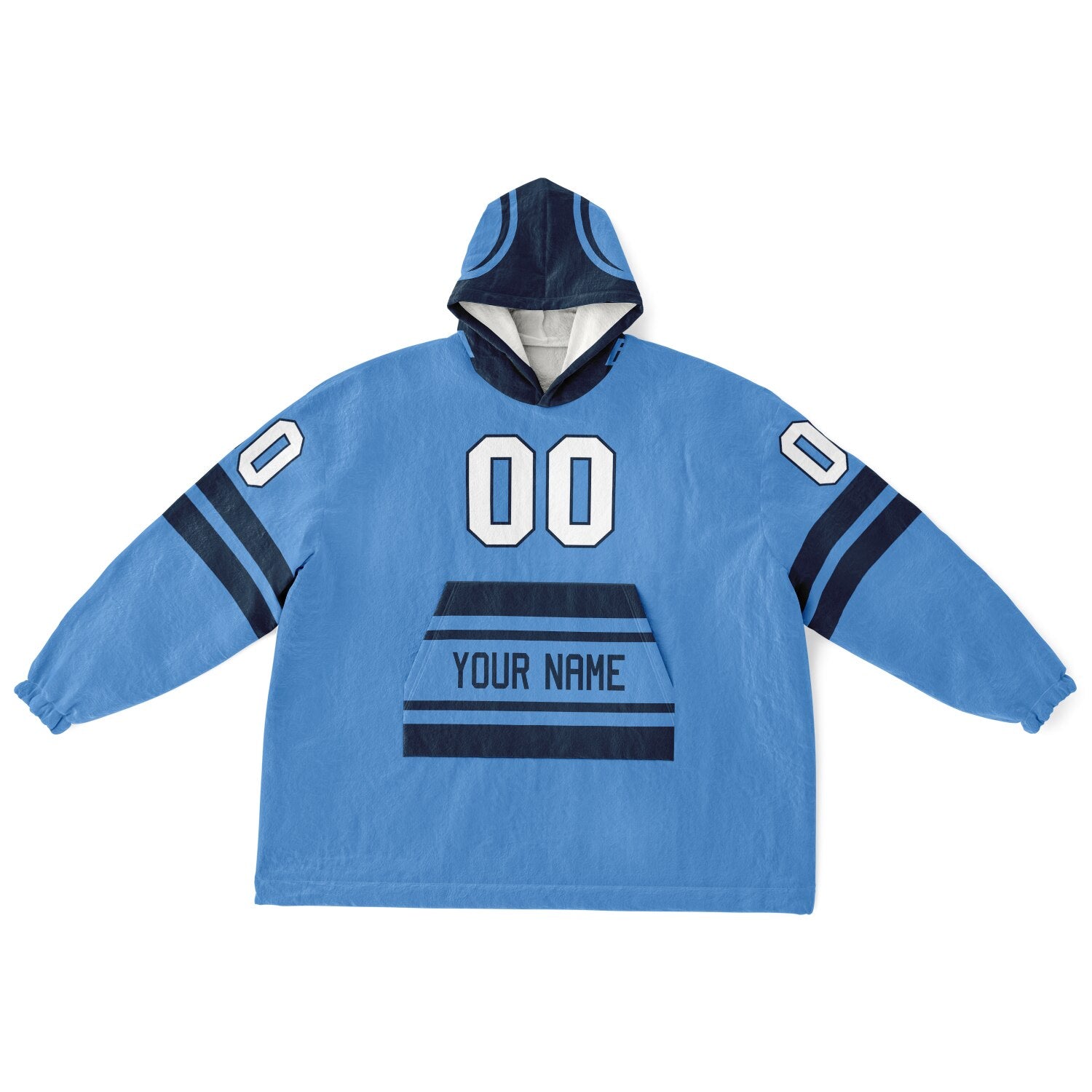 Light blue and navy classic snug hoodie featuring jersey-style stripes and personalized name and number.