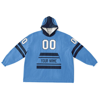 Light blue and navy classic snug hoodie featuring jersey-style stripes and personalized name and number.