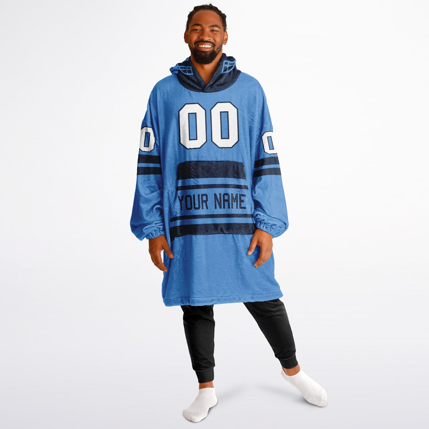 Light blue and navy classic snug hoodie featuring jersey-style stripes and personalized name and number.