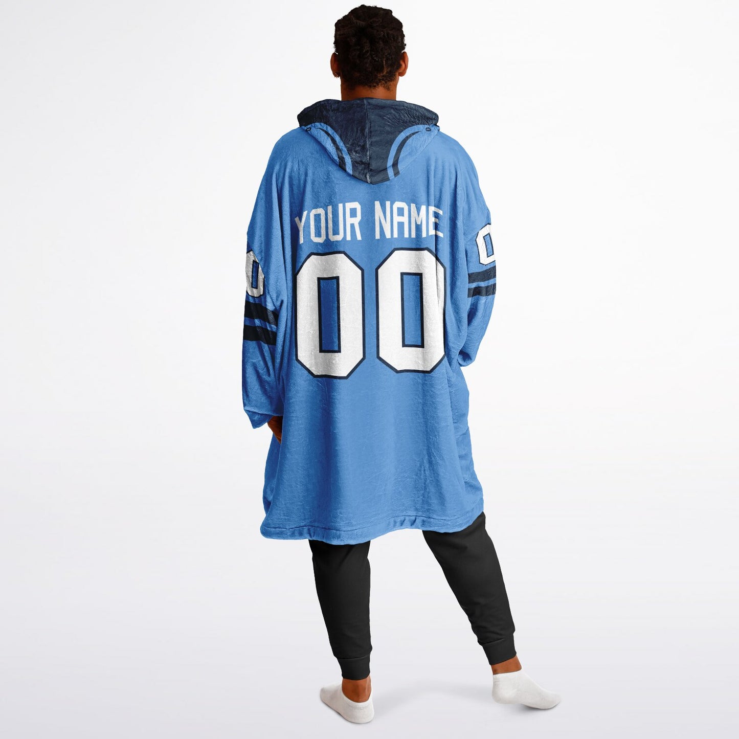 Light blue and navy classic snug hoodie featuring jersey-style stripes and personalized name and number.