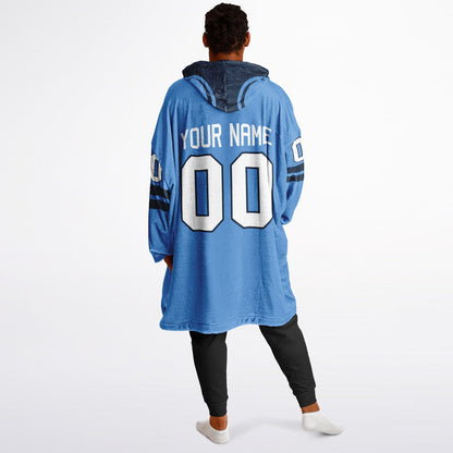 Light blue and navy classic snug hoodie featuring jersey-style stripes and personalized name and number.