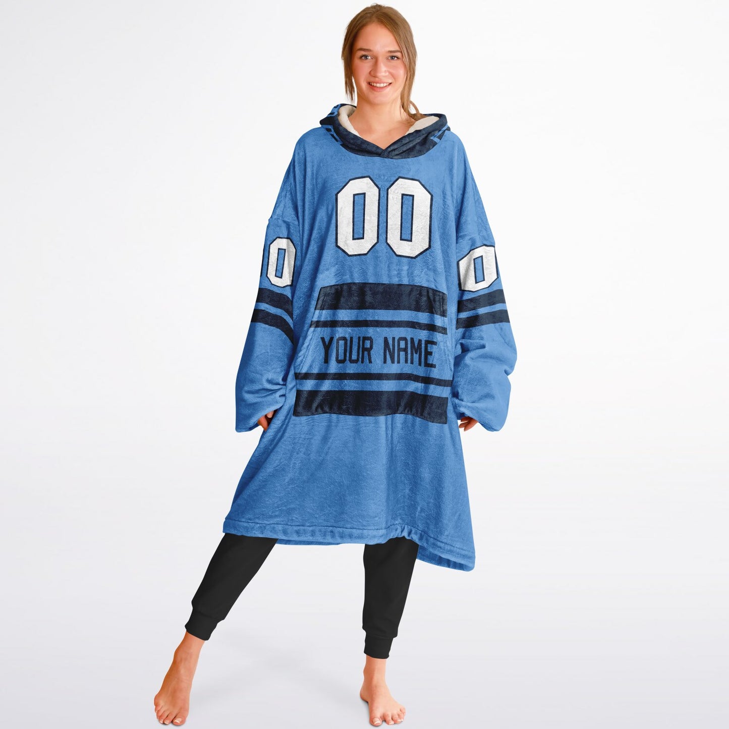 Light blue and navy classic snug hoodie featuring jersey-style stripes and personalized name and number.
