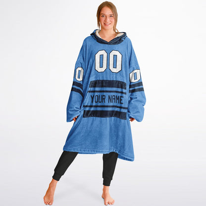 Light blue and navy classic snug hoodie featuring jersey-style stripes and personalized name and number.