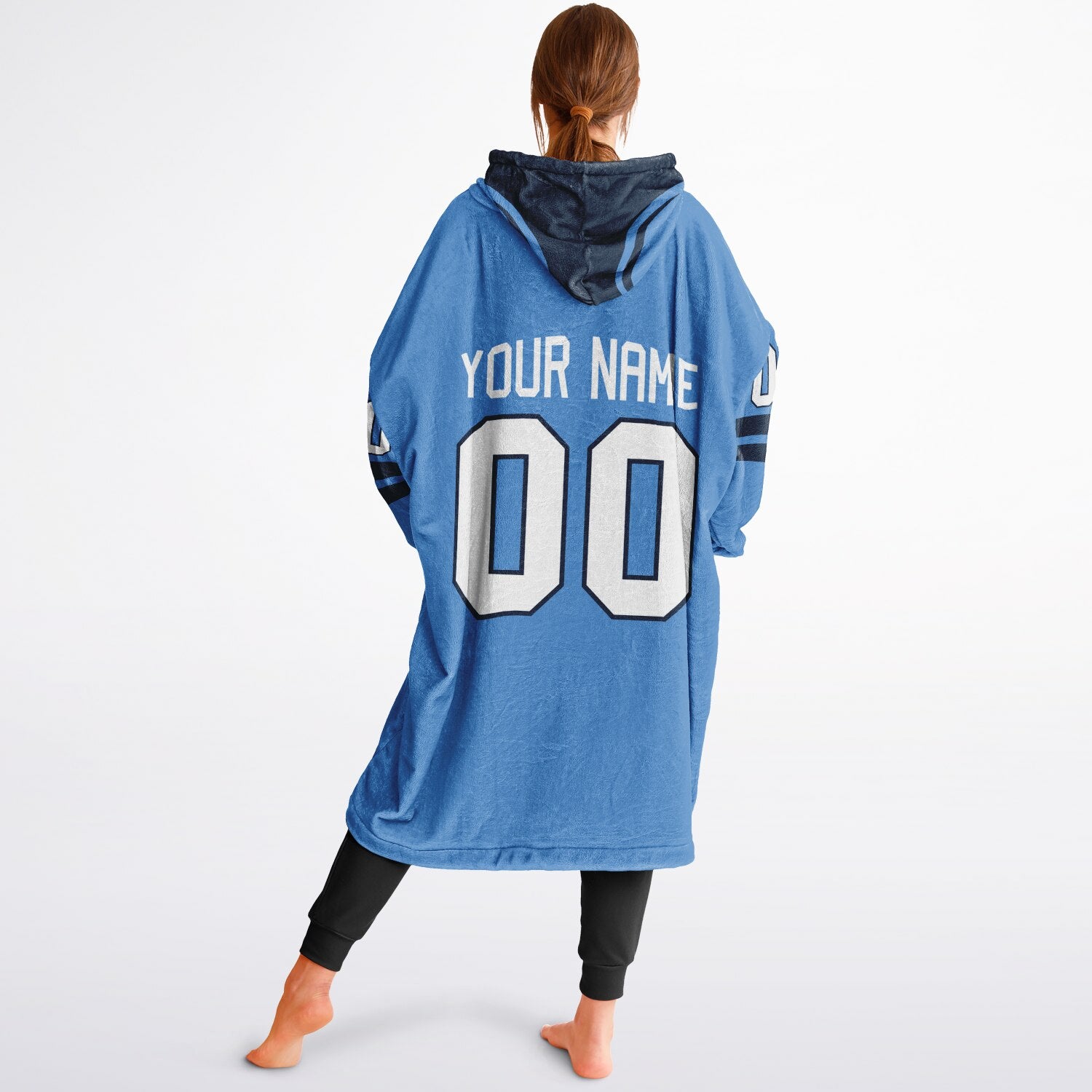 Light blue and navy classic snug hoodie featuring jersey-style stripes and personalized name and numbe
