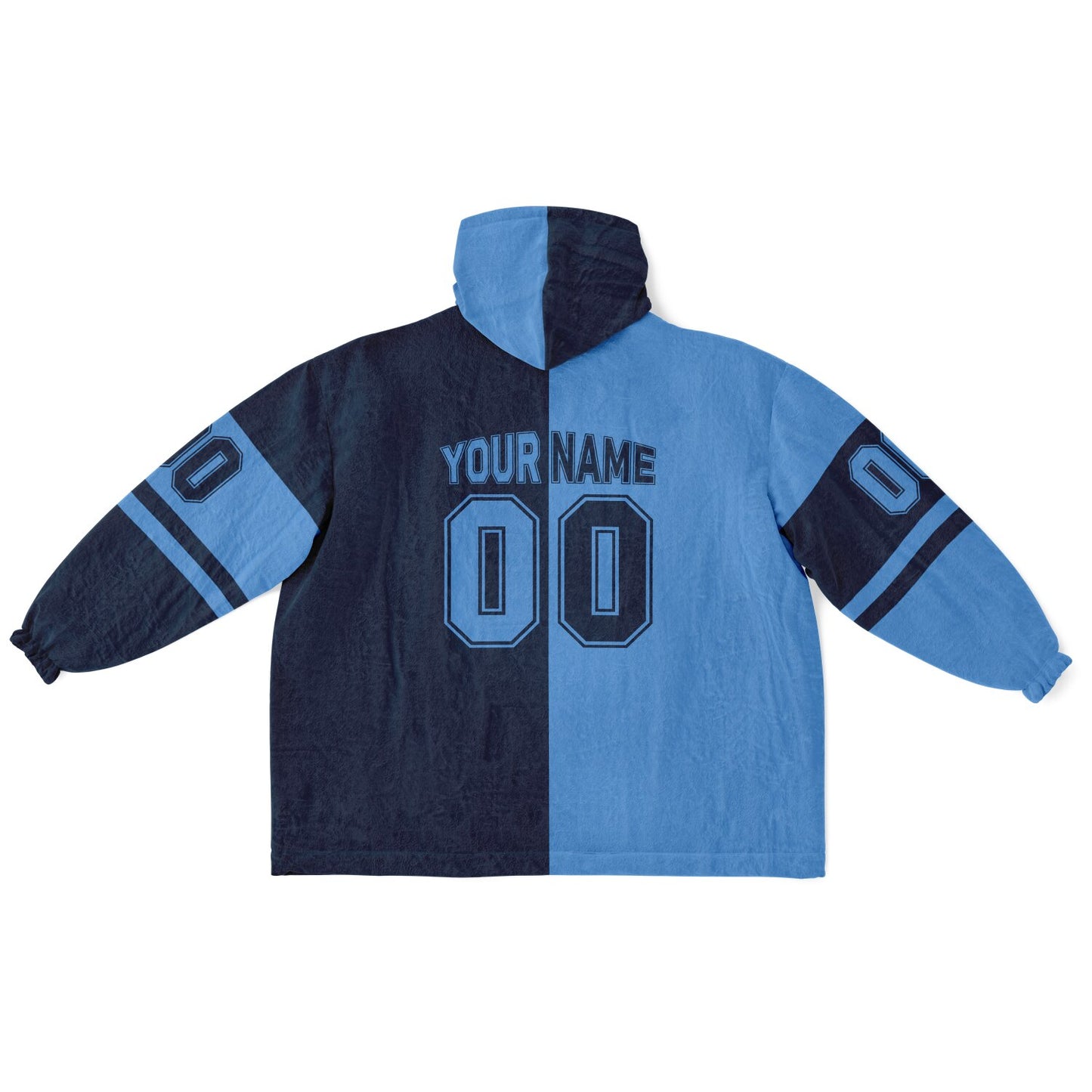 Light blue and navy halftime snug hoodie featuring a symmetrical split design for a dynamic game-day look.