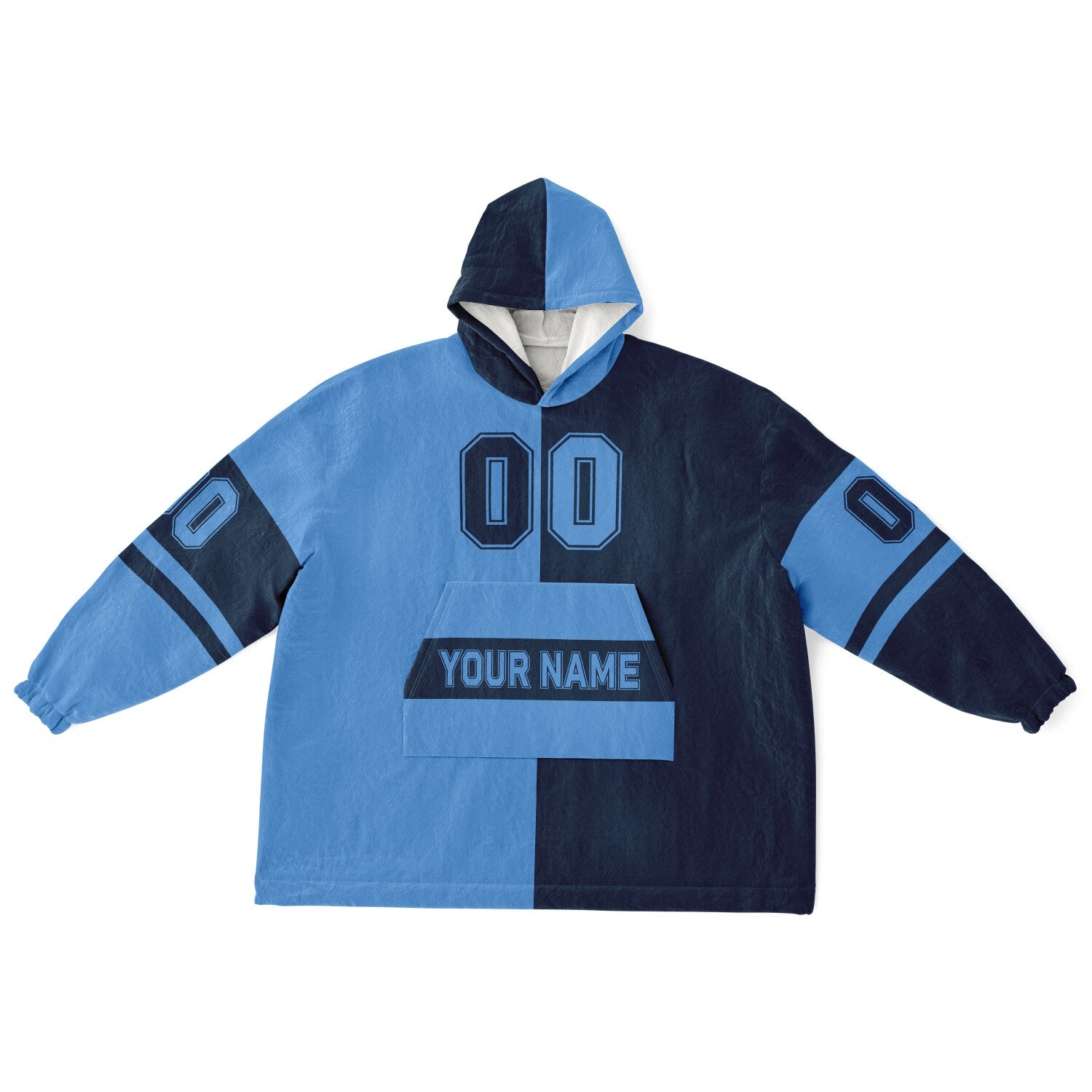 Light blue and navy halftime snug hoodie featuring a symmetrical split design for a dynamic game-day look.