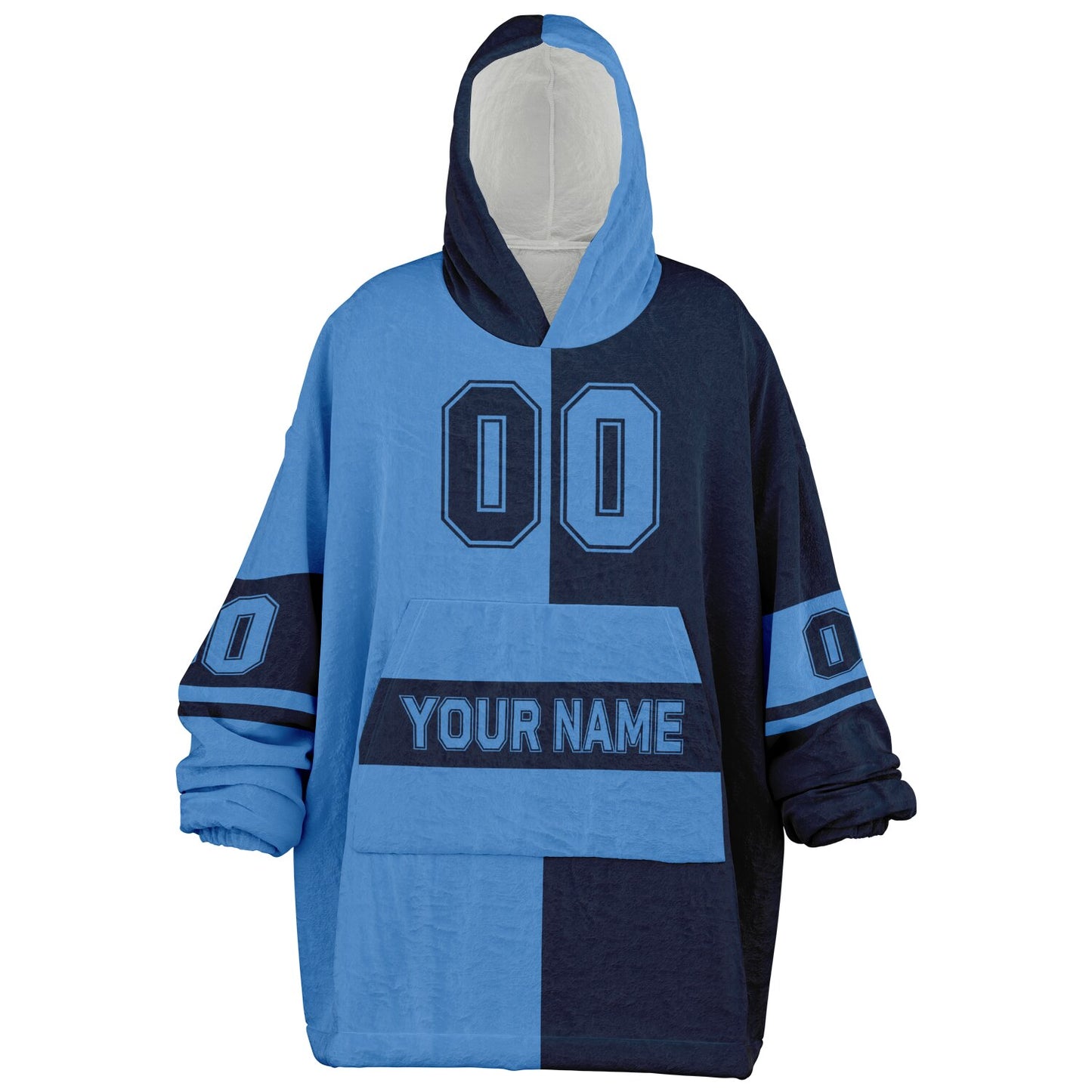 Light blue and navy halftime snug hoodie featuring a symmetrical split design for a dynamic game-day look.