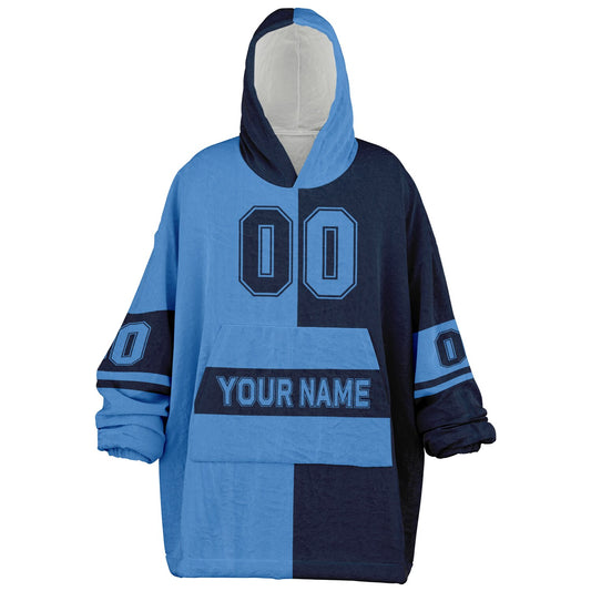 Light blue and navy halftime snug hoodie featuring a symmetrical split design for a dynamic game-day look.