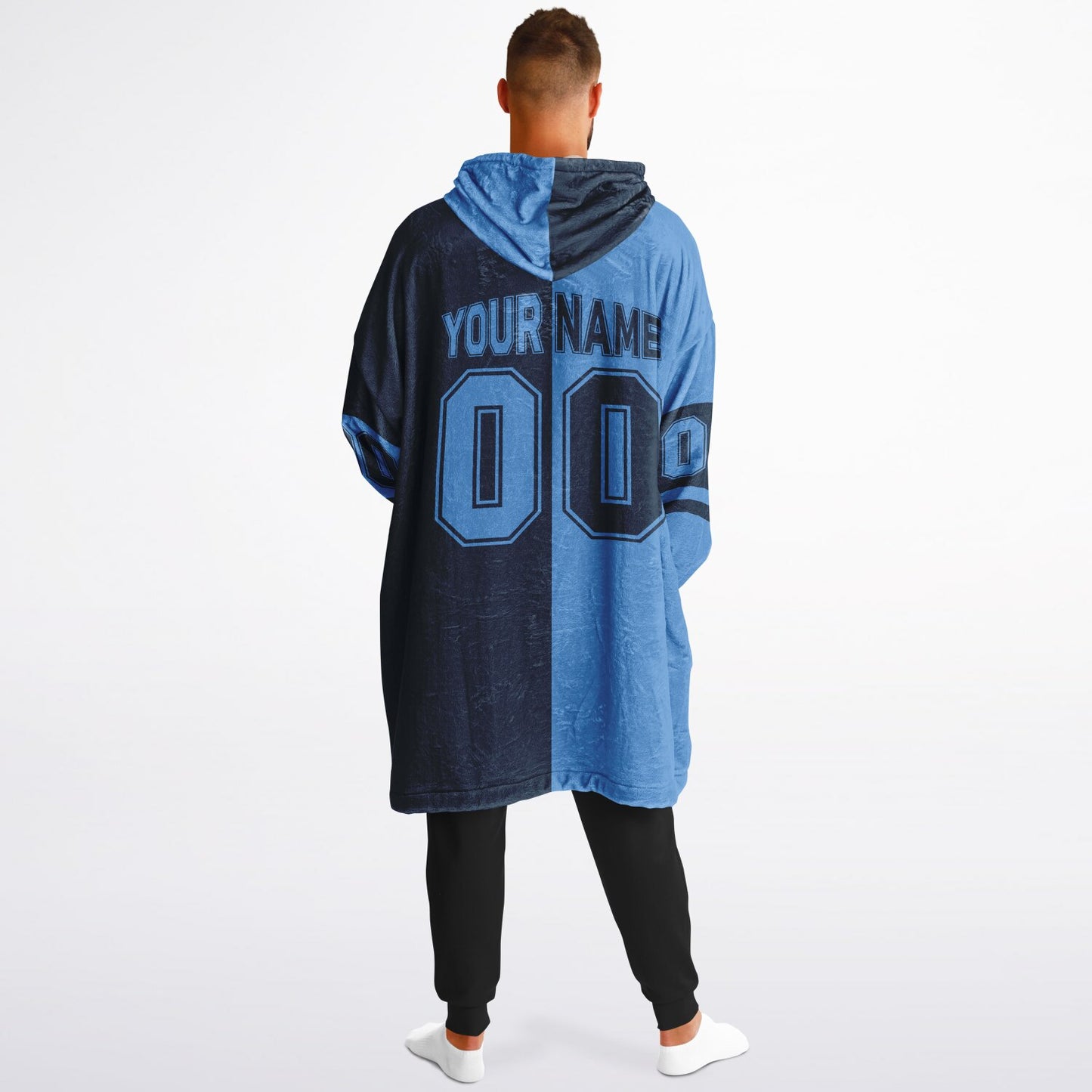 Light blue and navy halftime snug hoodie featuring a symmetrical split design for a dynamic game-day look.