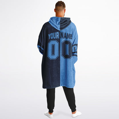 Light blue and navy halftime snug hoodie featuring a symmetrical split design for a dynamic game-day look.