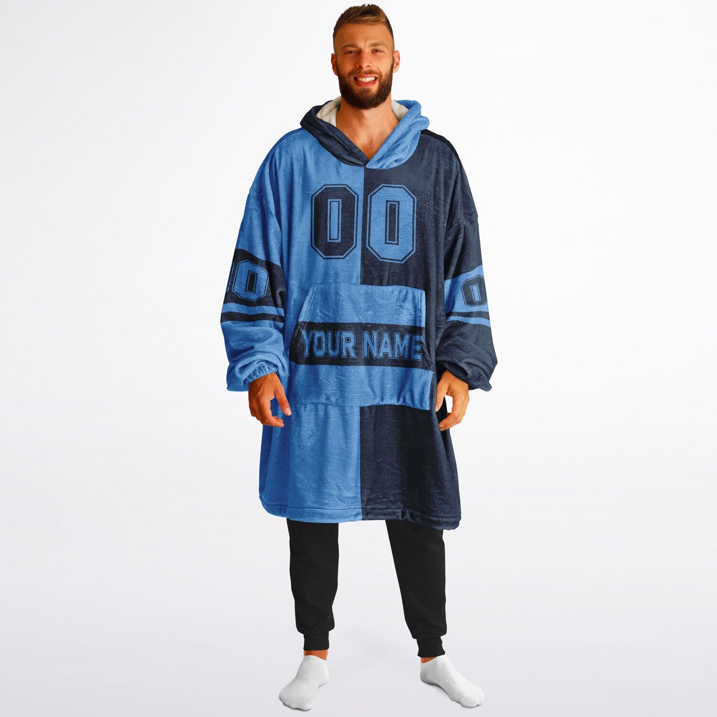 Light blue and navy halftime snug hoodie featuring a symmetrical split design for a dynamic game-day look.