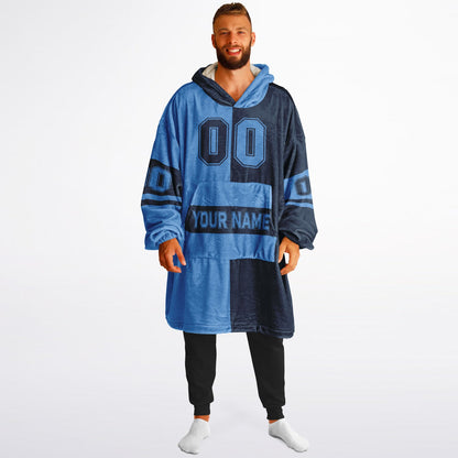 Light blue and navy halftime snug hoodie featuring a symmetrical split design for a dynamic game-day look.
