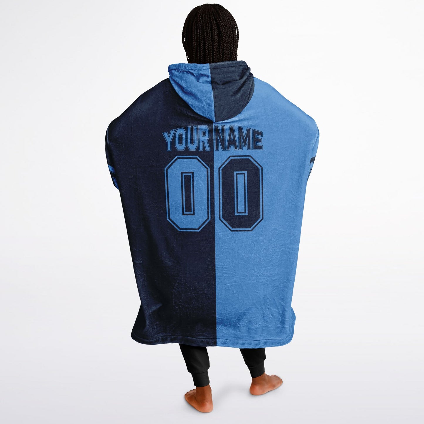 Light blue and navy halftime snug hoodie featuring a symmetrical split design for a dynamic game-day look.