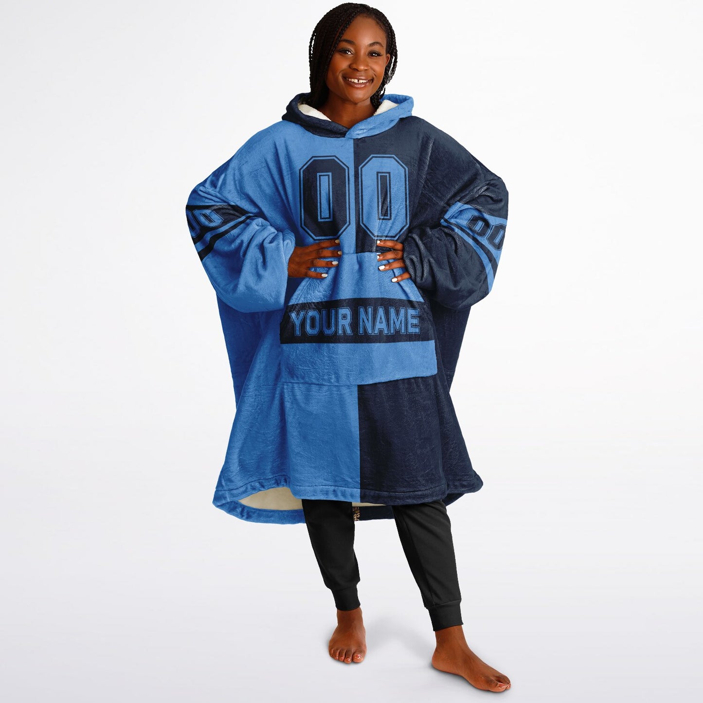 Light blue and navy halftime snug hoodie featuring a symmetrical split design for a dynamic game-day look.