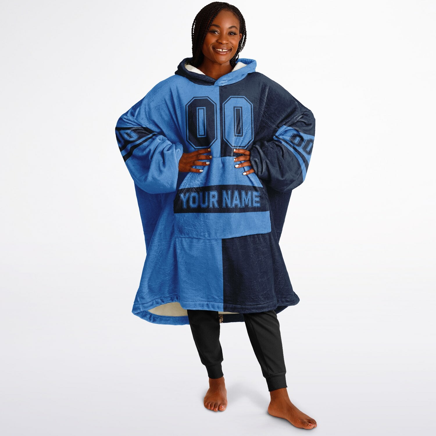Light blue and navy halftime snug hoodie featuring a symmetrical split design for a dynamic game-day look.