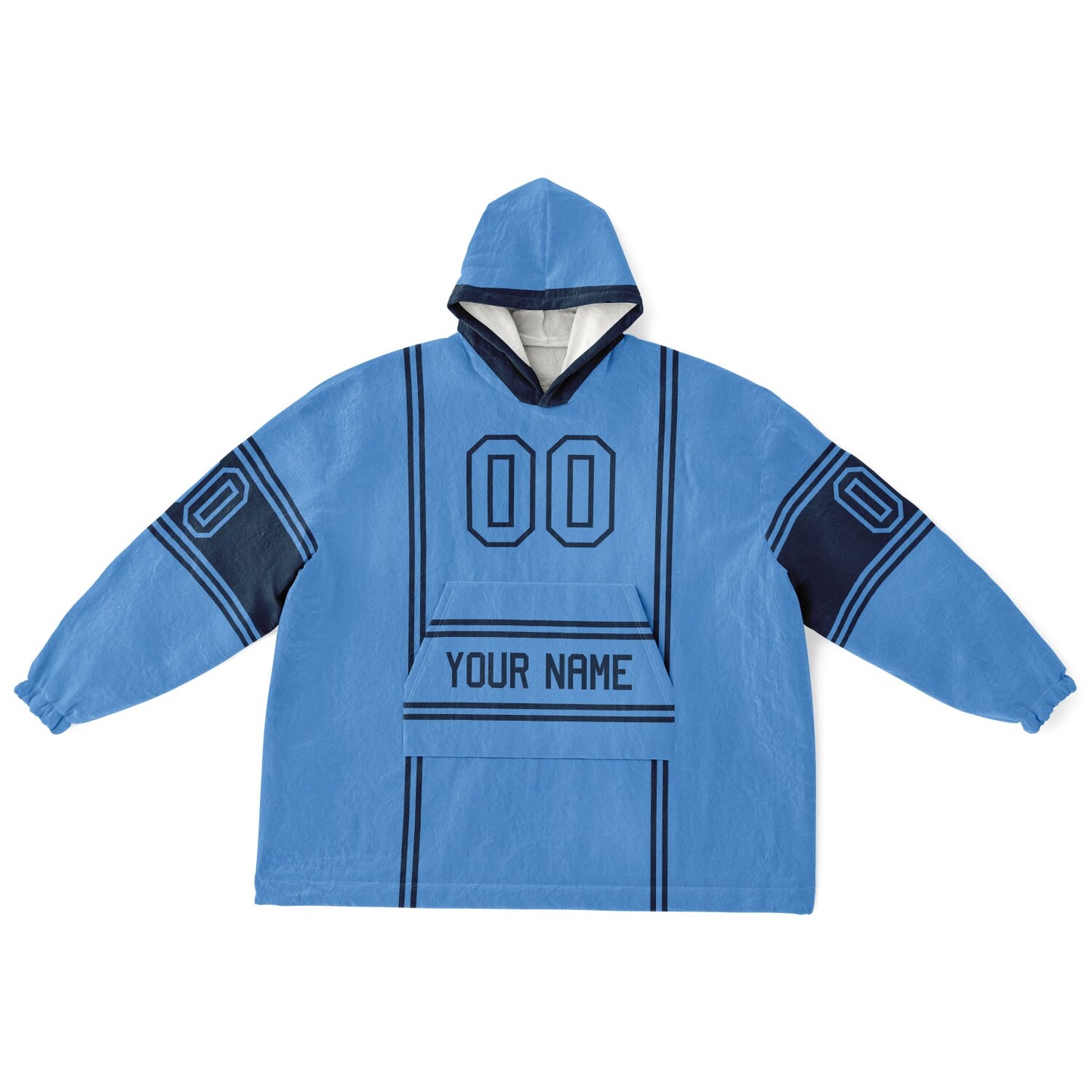Light blue and navy lineup snug hoodie featuring sleek line-art details and minimalist team-inspired design.