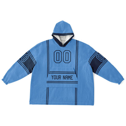 Light blue and navy lineup snug hoodie featuring sleek line-art details and minimalist team-inspired design.