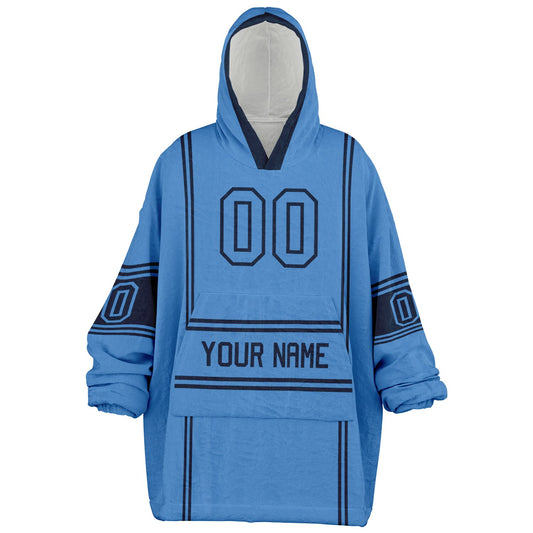 Light blue and navy lineup snug hoodie featuring sleek line-art details and minimalist team-inspired design.
