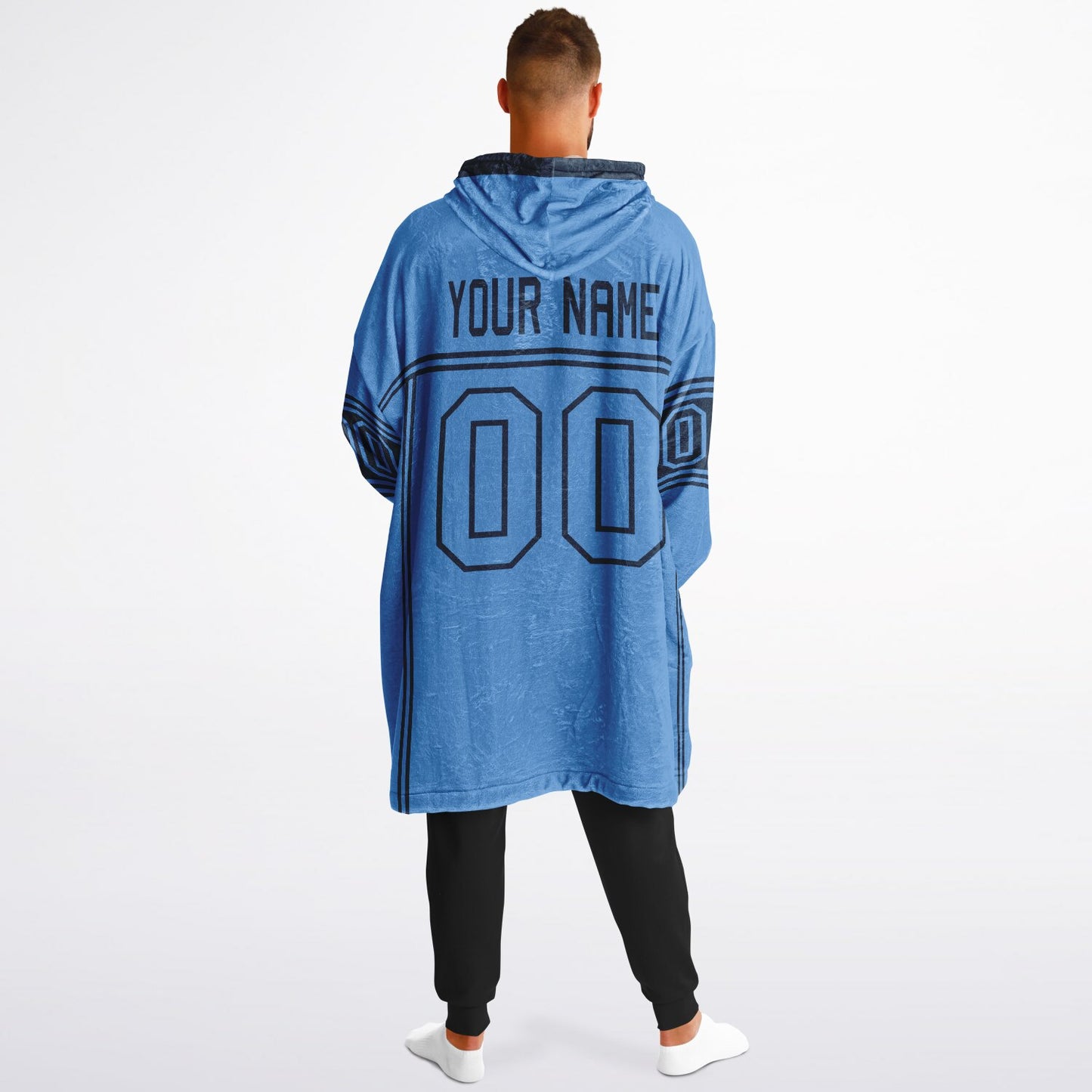 Light blue and navy lineup snug hoodie featuring sleek line-art details and minimalist team-inspired design.