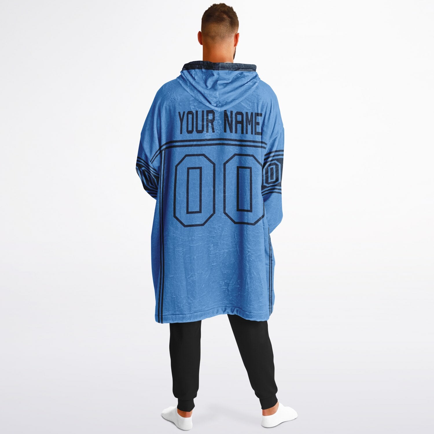 Light blue and navy lineup snug hoodie featuring sleek line-art details and minimalist team-inspired design.