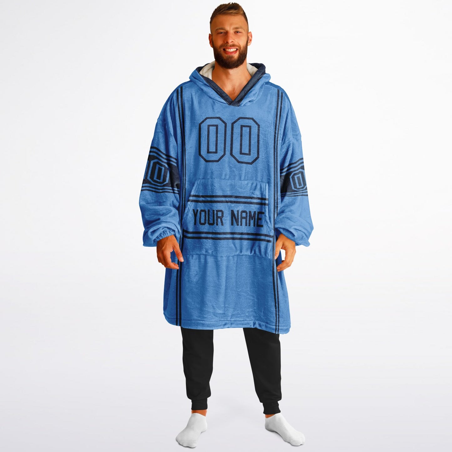 Light blue and navy lineup snug hoodie featuring sleek line-art details and minimalist team-inspired design.