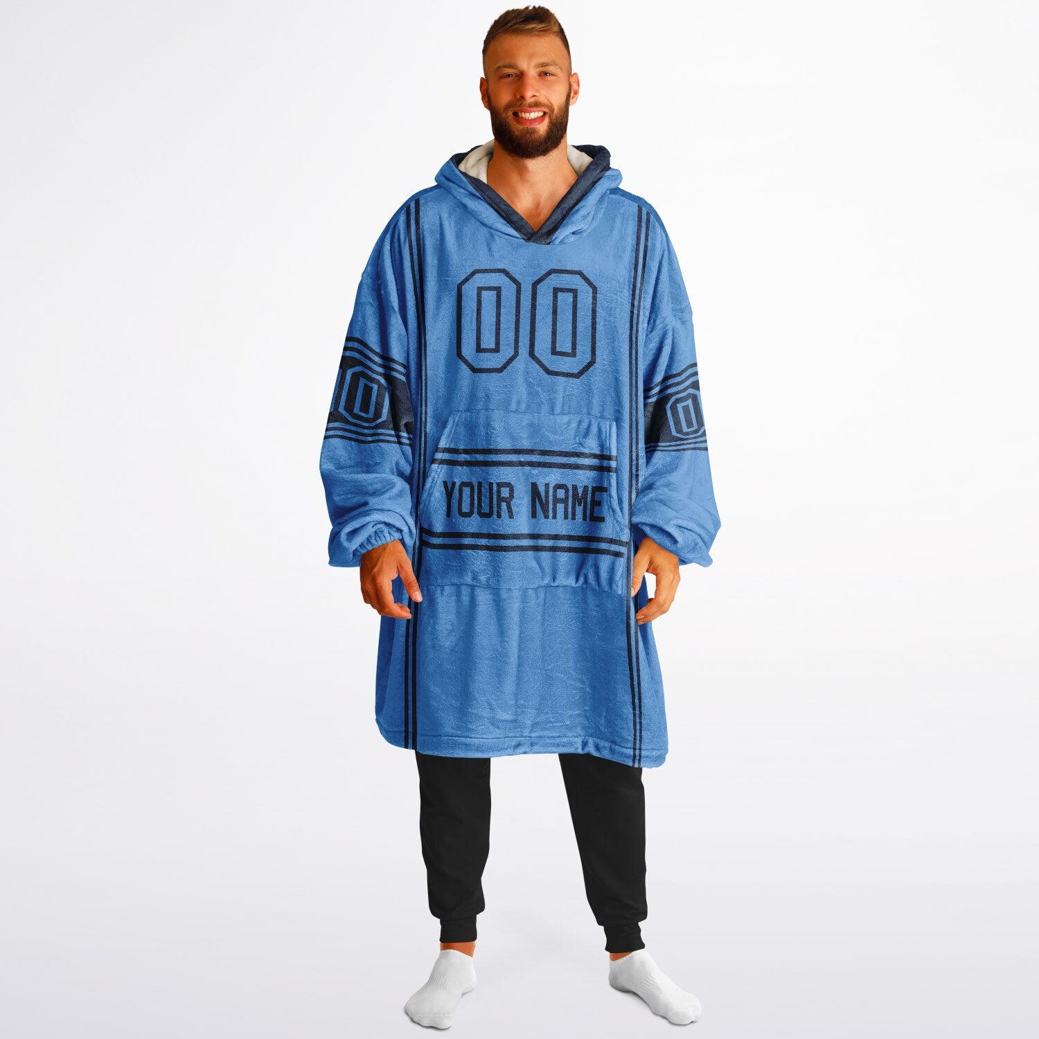 Light blue and navy lineup snug hoodie featuring sleek line-art details and minimalist team-inspired design.