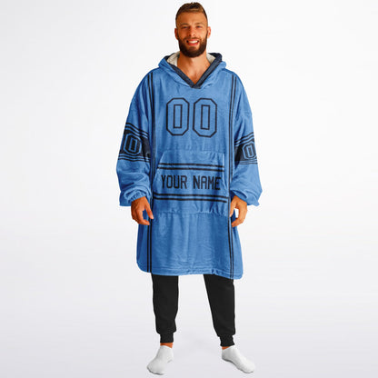 Light blue and navy lineup snug hoodie featuring sleek line-art details and minimalist team-inspired design.