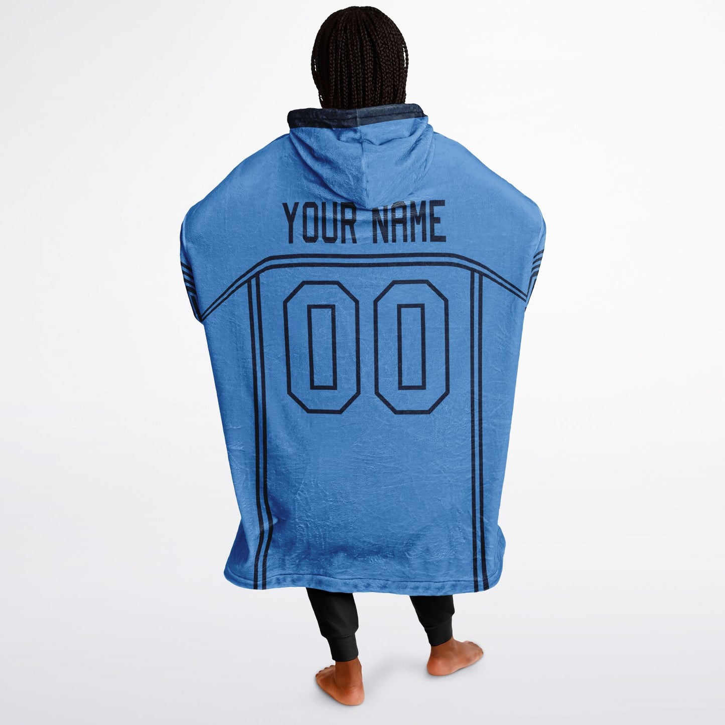 Light blue and navy lineup snug hoodie featuring sleek line-art details and minimalist team-inspired design.