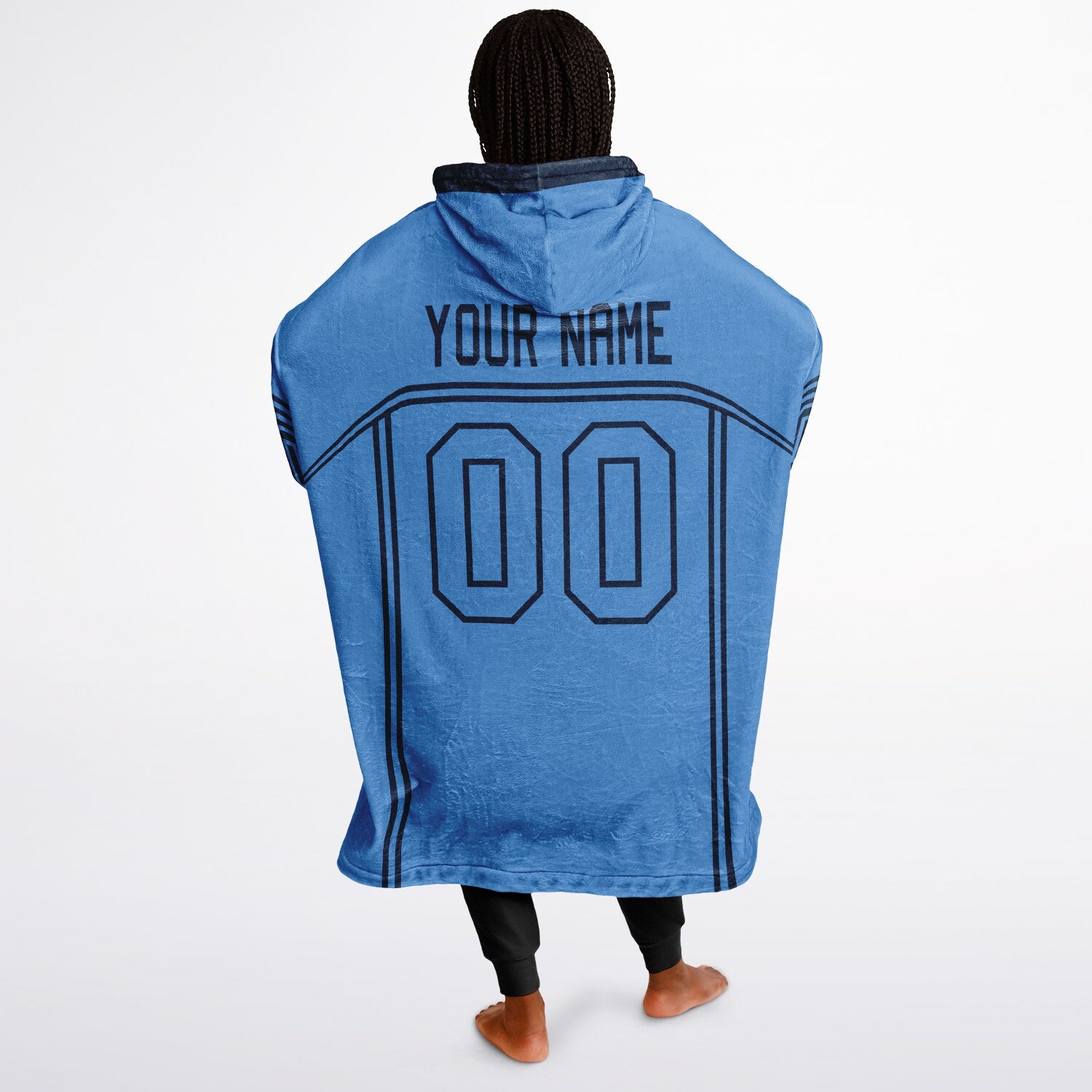 Light blue and navy lineup snug hoodie featuring sleek line-art details and minimalist team-inspired design.