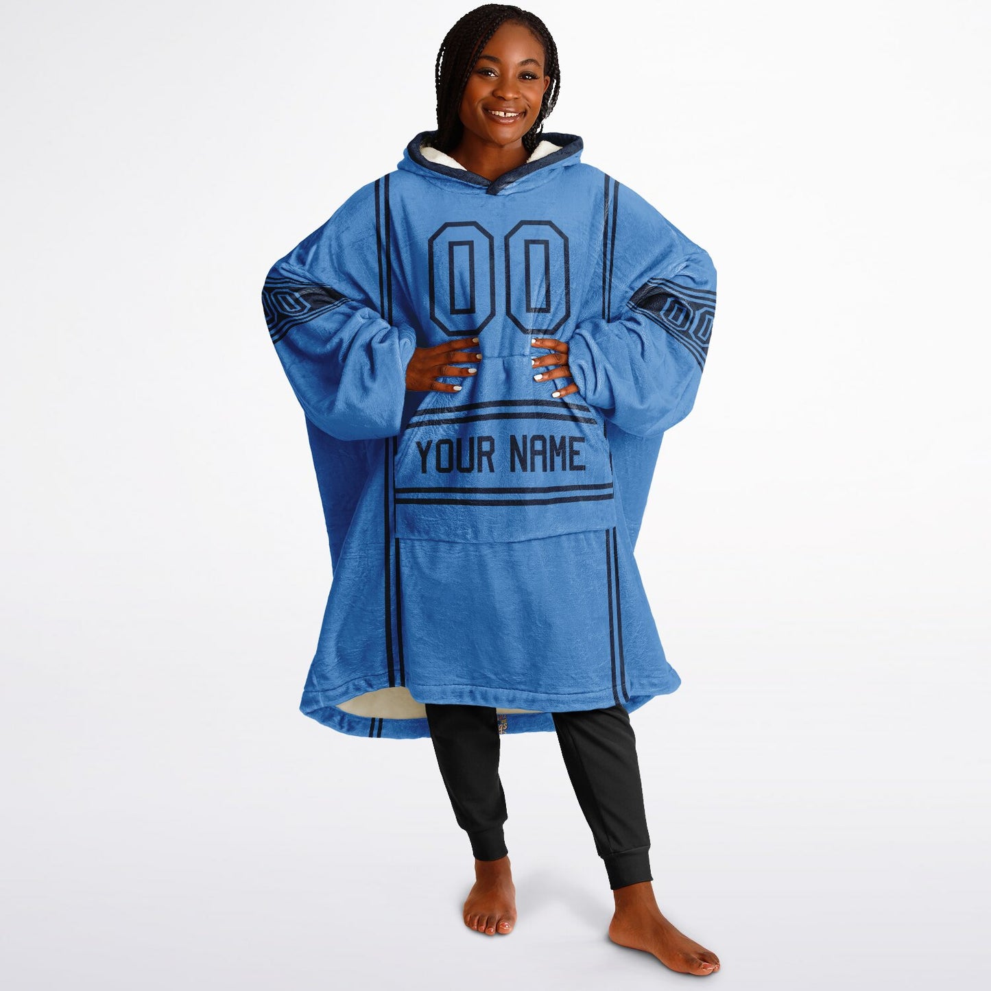 Light blue and navy lineup snug hoodie featuring sleek line-art details and minimalist team-inspired design.