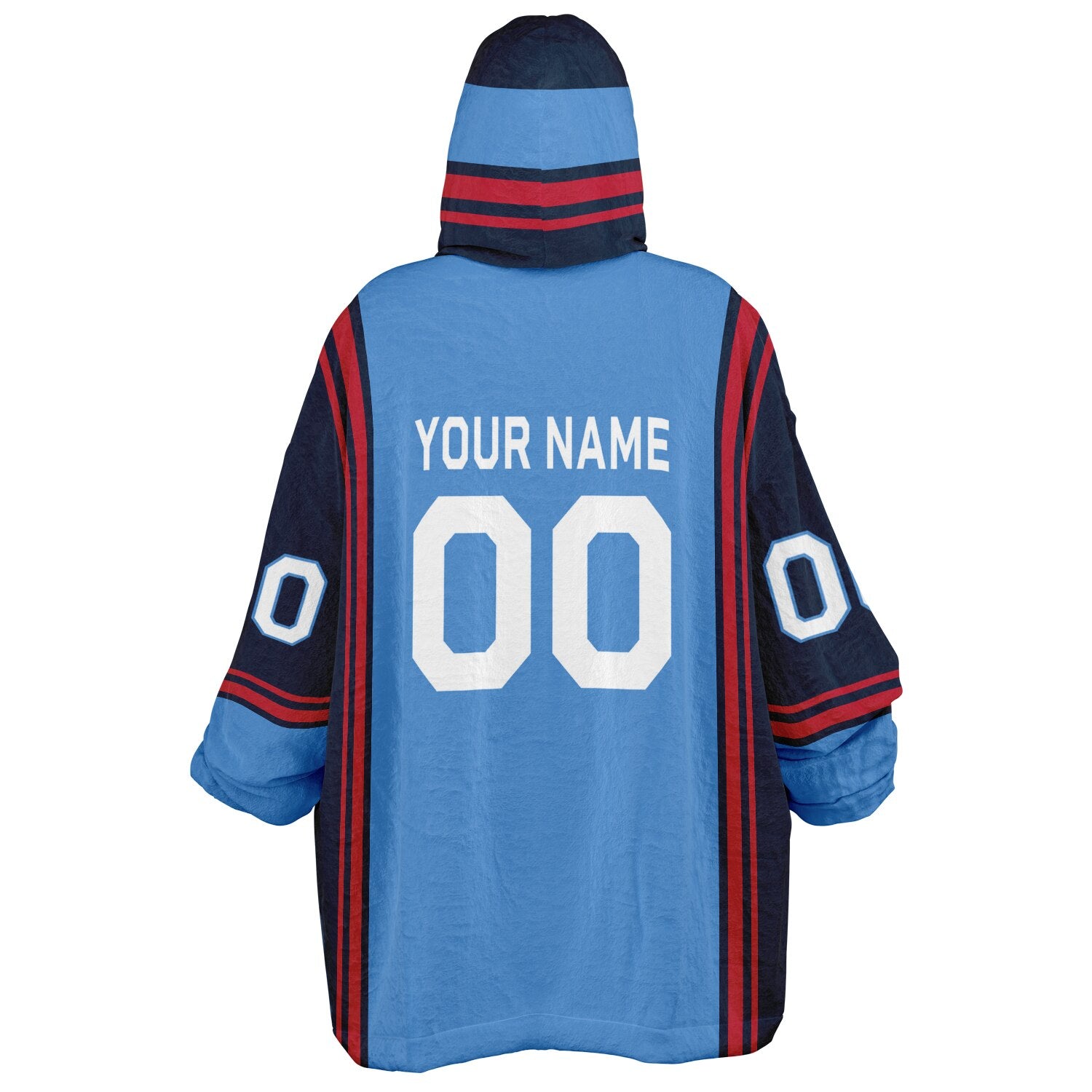 Light blue, navy, and red bold snug hoodie with triple color blocking and a sporty aesthetic.