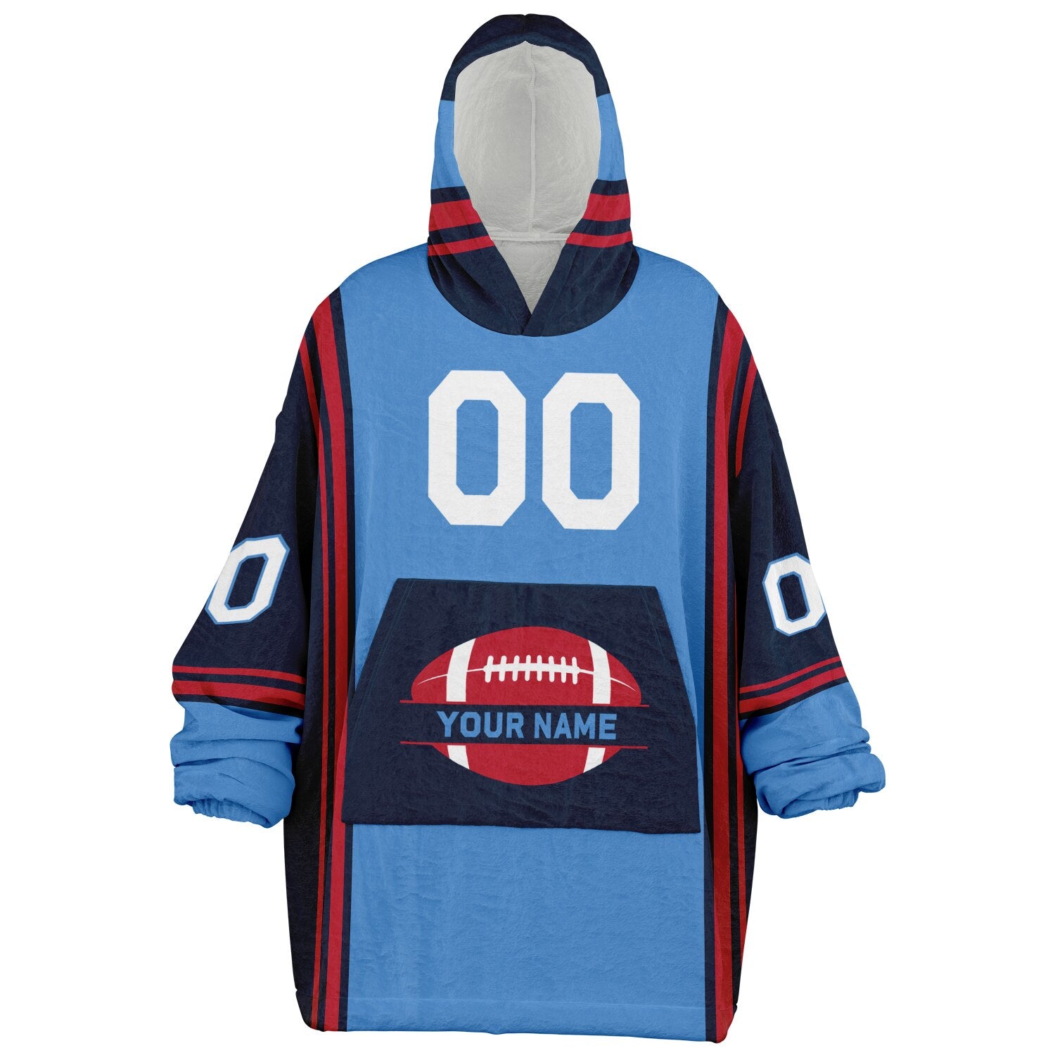 Light blue, navy, and red bold snug hoodie with triple color blocking and a sporty aesthetic.