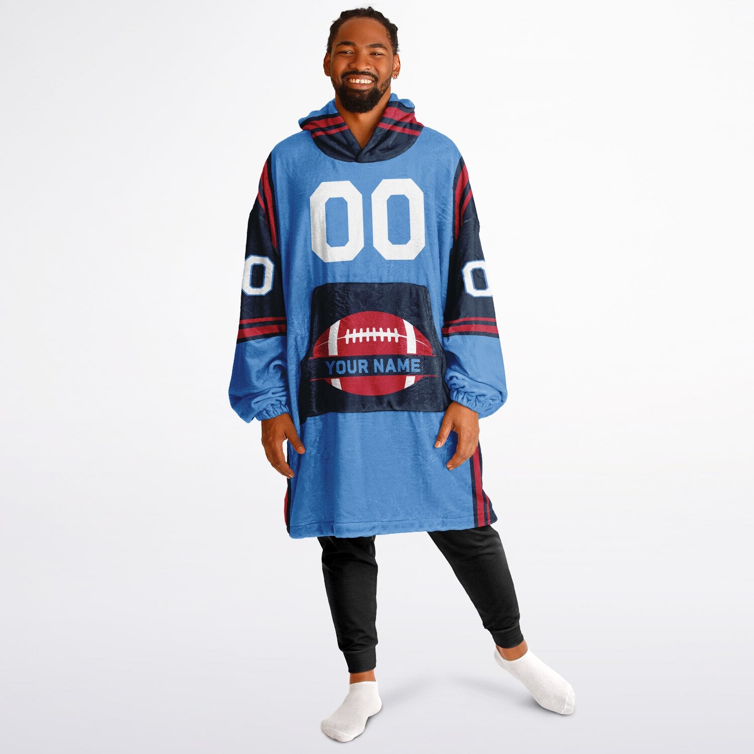 Light blue, navy, and red bold snug hoodie with triple color blocking and a sporty aesthetic.