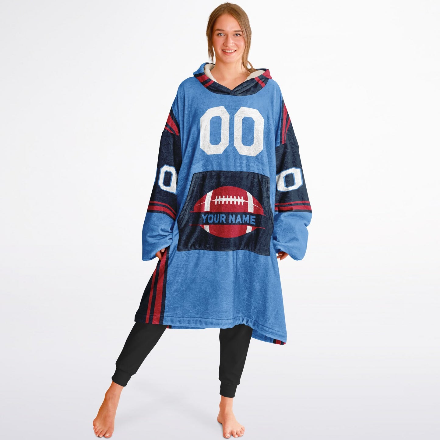 Light blue, navy, and red bold snug hoodie with triple color blocking and a sporty aesthetic.