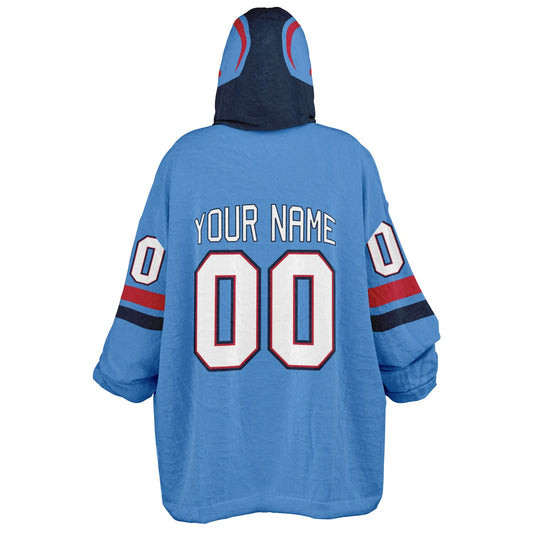 Light blue, navy, and red classic snug hoodie featuring authentic jersey striping and personalized number details.