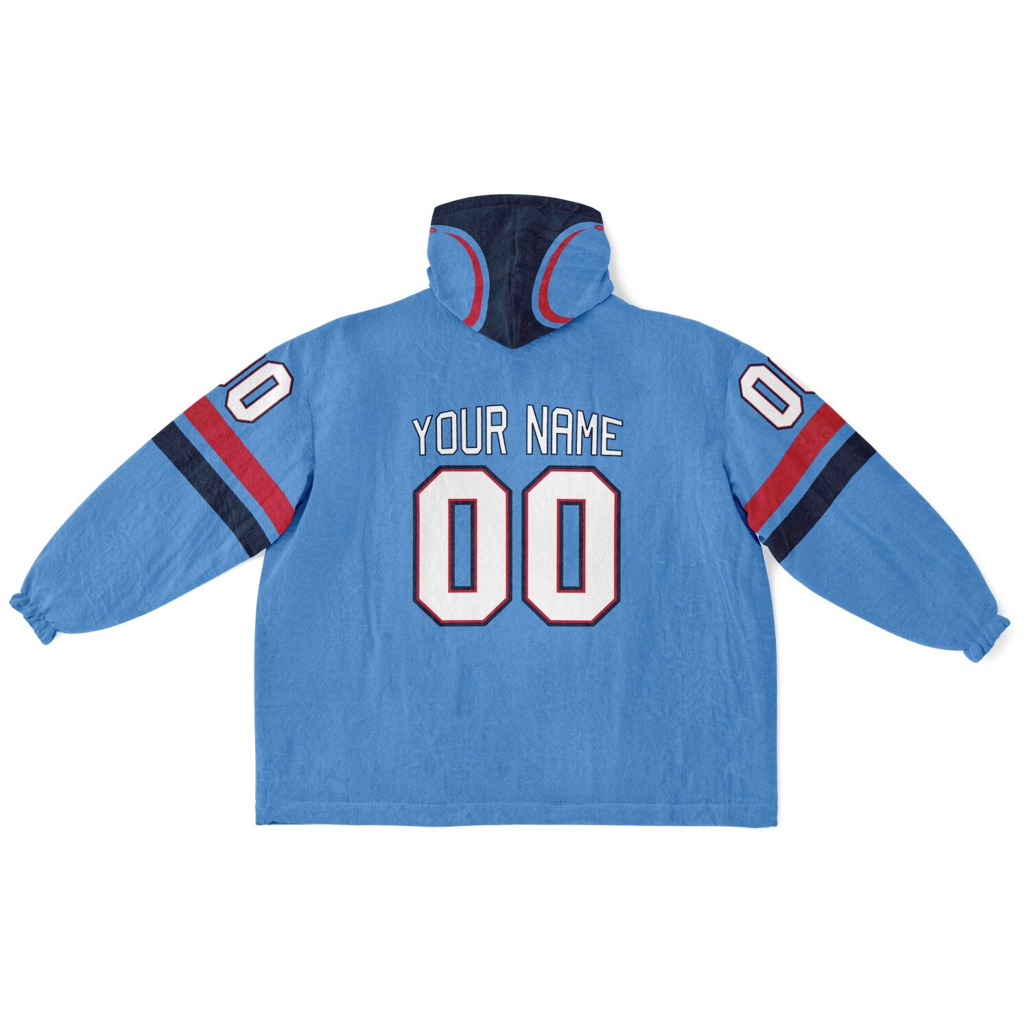 Light blue, navy, and red classic snug hoodie featuring authentic jersey striping and personalized number details.