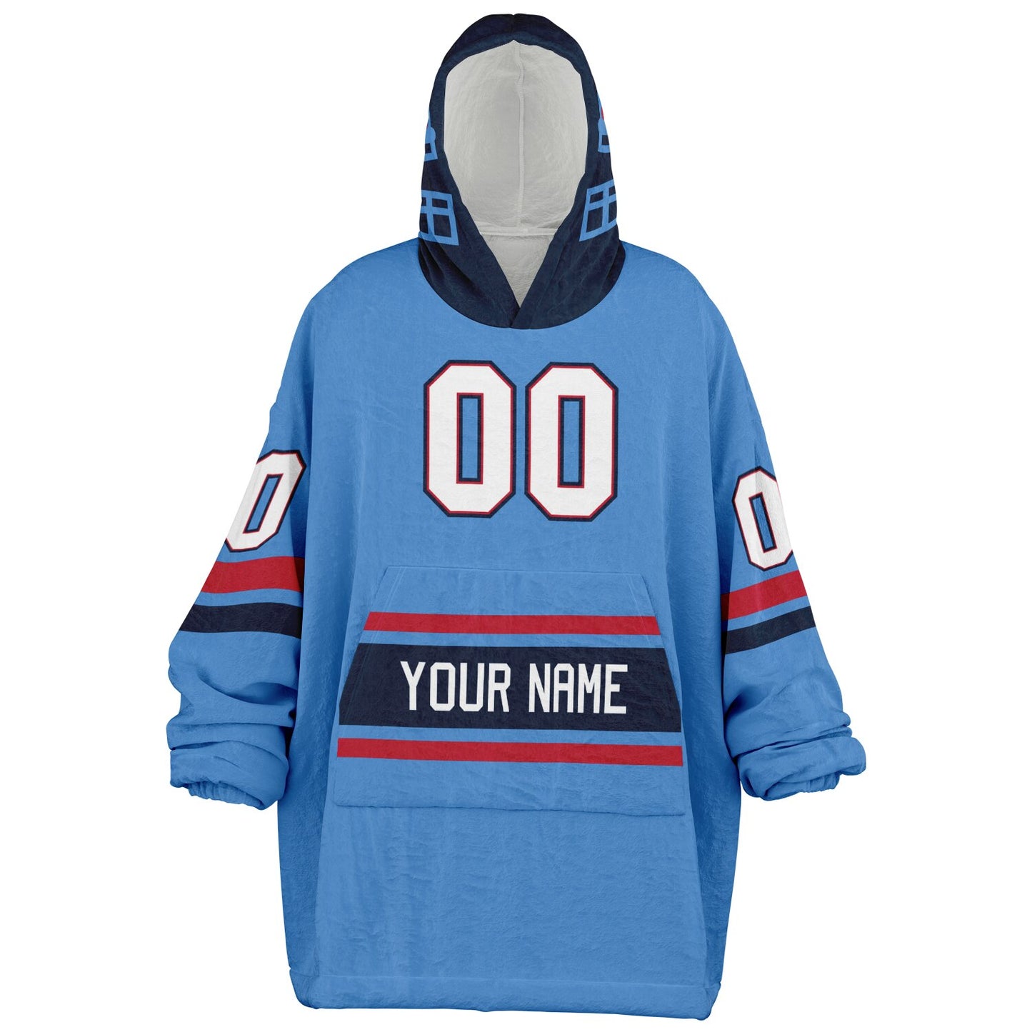 Light blue, navy, and red classic snug hoodie featuring authentic jersey striping and personalized number details.