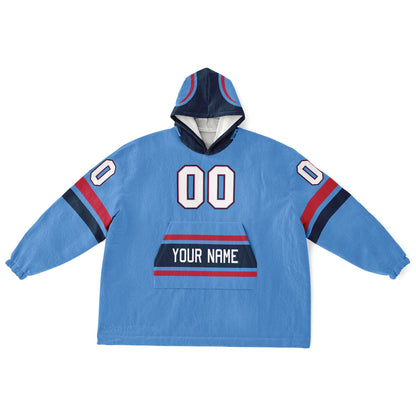 Light blue, navy, and red classic snug hoodie featuring authentic jersey striping and personalized number details.