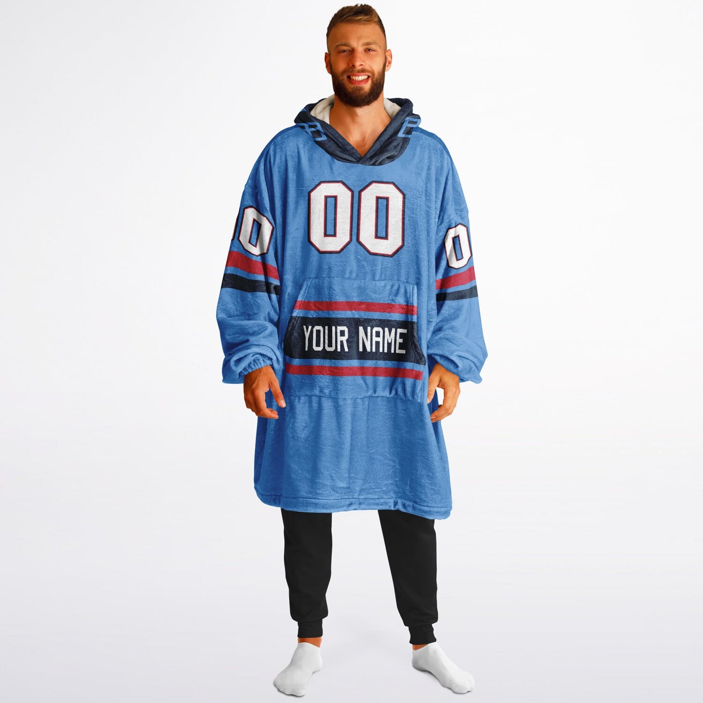 Light blue, navy, and red classic snug hoodie featuring authentic jersey striping and personalized number details.