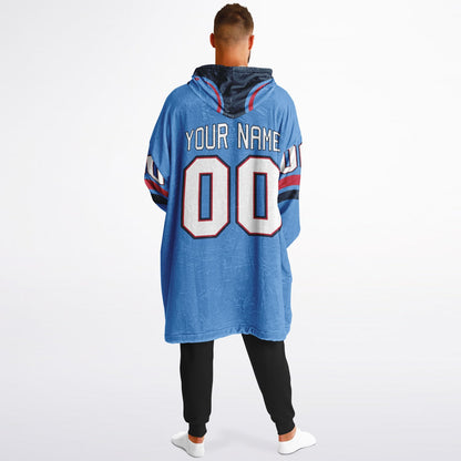Light blue, navy, and red classic snug hoodie featuring authentic jersey striping and personalized number details.